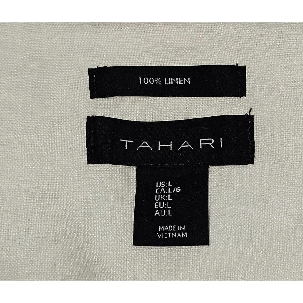 Tahari Women's White Linen Roll Tab Sleeve Collared Button-Front Top Sz L 2261 - Picture 8 of 12